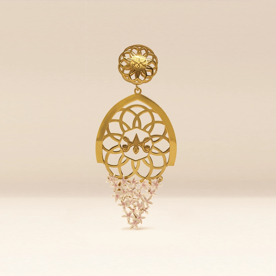 Gold rosette drop earrings with Mudejar geometry and enamel floral blossoms.