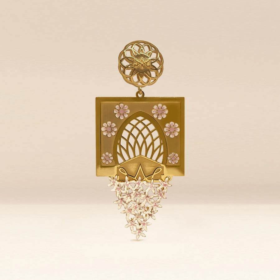 Mudejar arch earrings with enamel floral accents and cascading blossoms (pink or white)